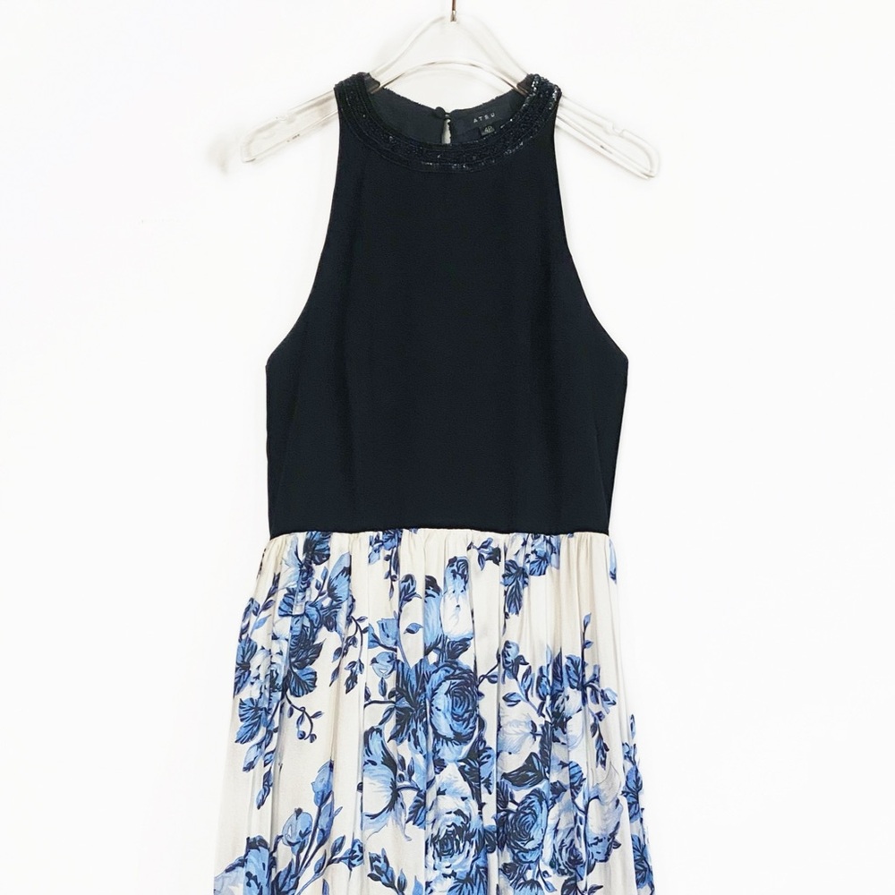 ATSU Anthropologie Beaded Bodice Maxi Dress Floral and Ikat pattern size 4P - Picture 3 of 15